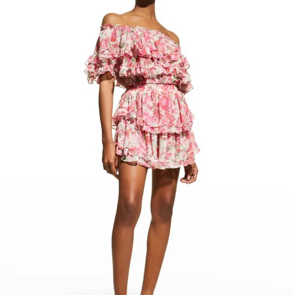 Misa Los Angeles Isella Pink Floral Off The Shoulder Tiered Ruffle Mini Dress - Picture 1 of 12